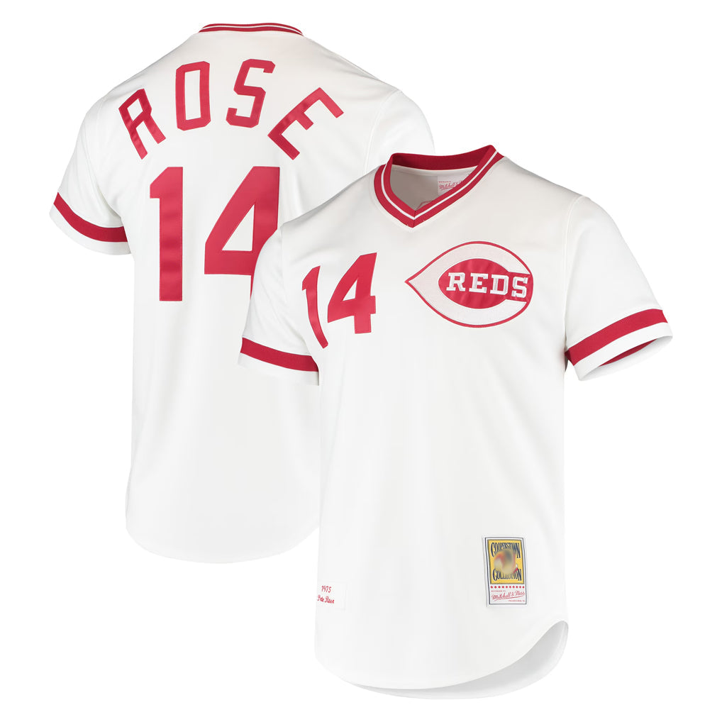 Kooe C.Reds #14 Pete Rose Player Mitchell & Ness White Throwback Cooperstown Mesh T-shirt Game Stitched Jerseys