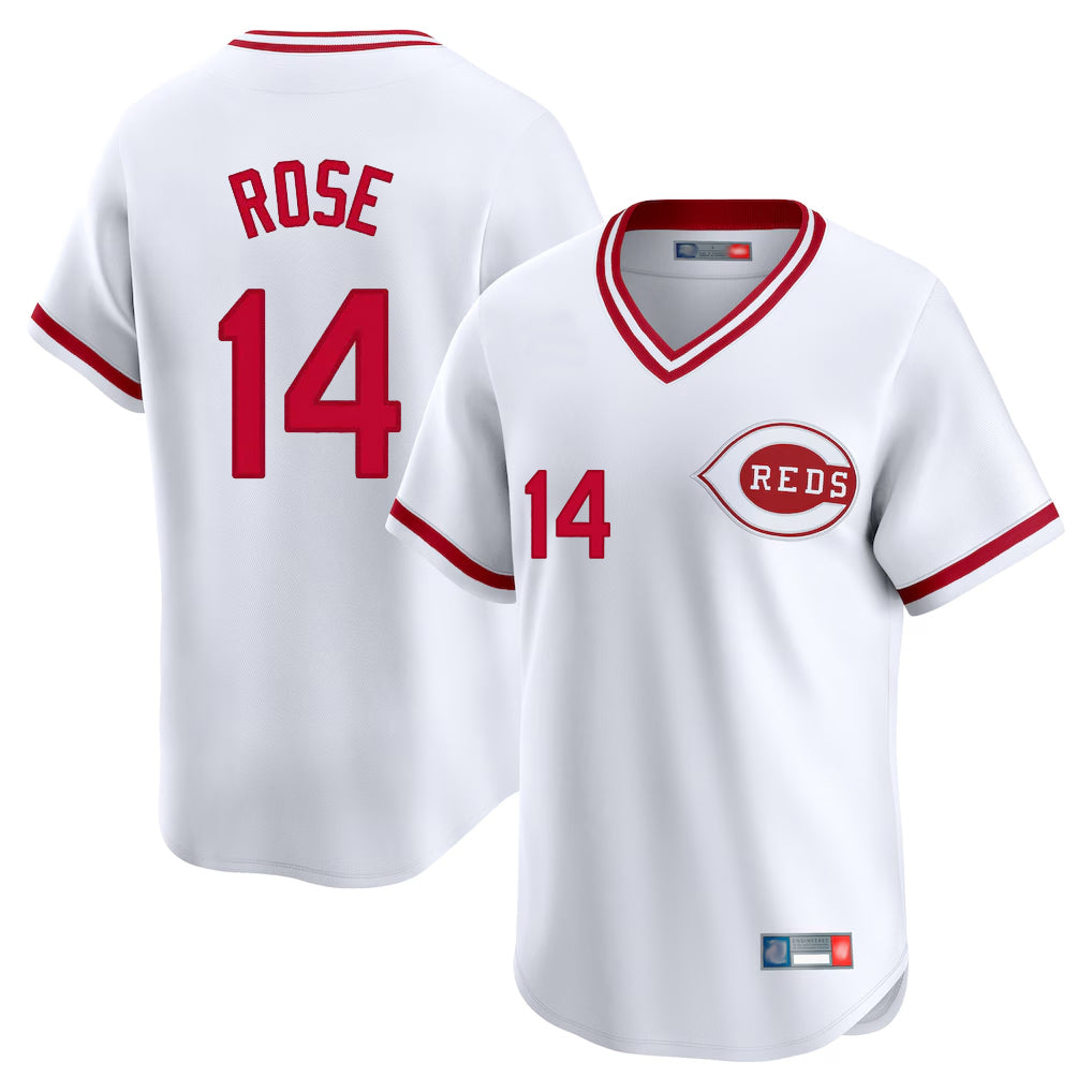 Kooe C.Reds #14 Pete Rose Player White Cooperstown Collection Limited T-shirt Home Stitched Jerseys