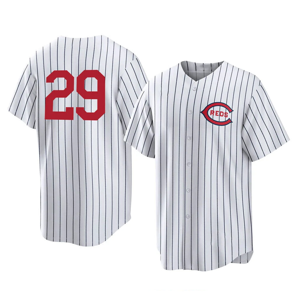 Kooe C.Reds #29 TJ Friedl Player White Stripe Field of Dreams Game Home Stitched Jerseys