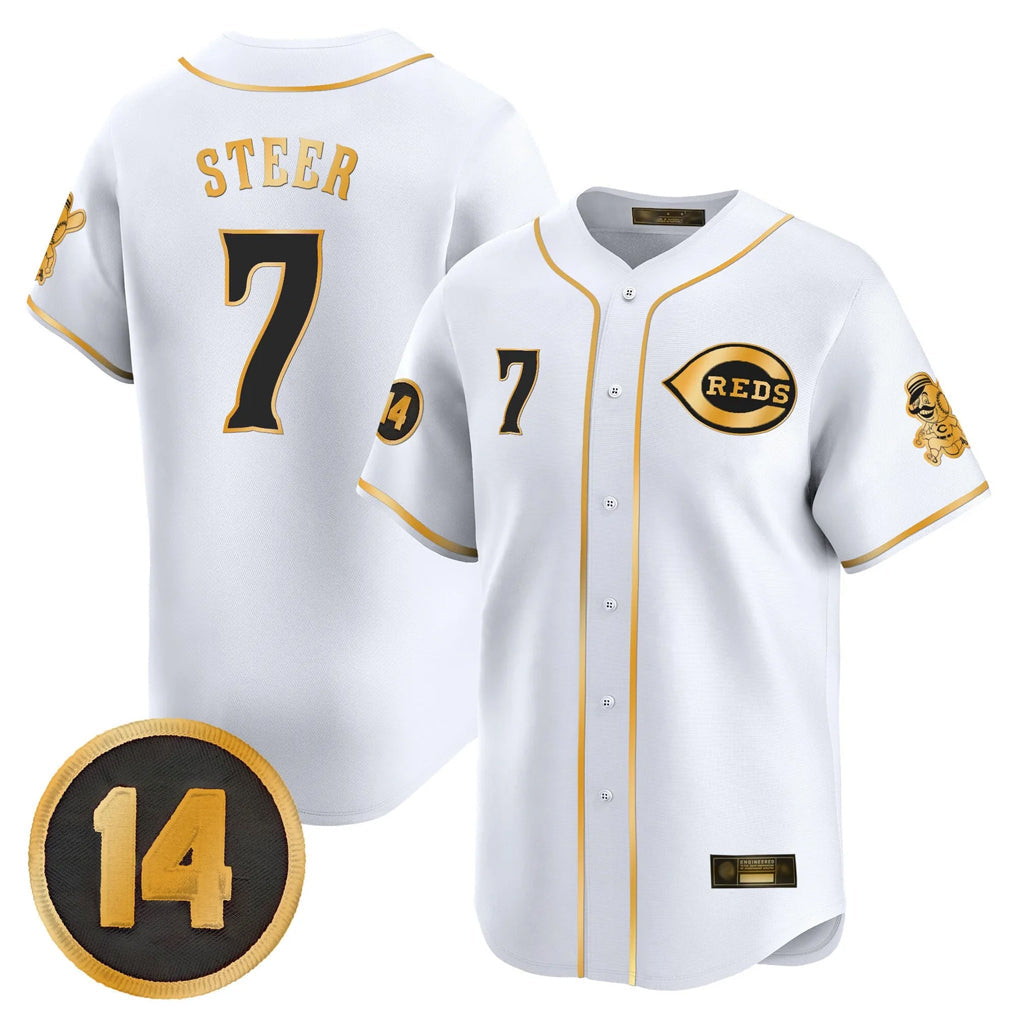 Kooe C.Reds #7 Spencer Steer Player White-Gold Vapor Premier Limited Home Stitched Jerseys