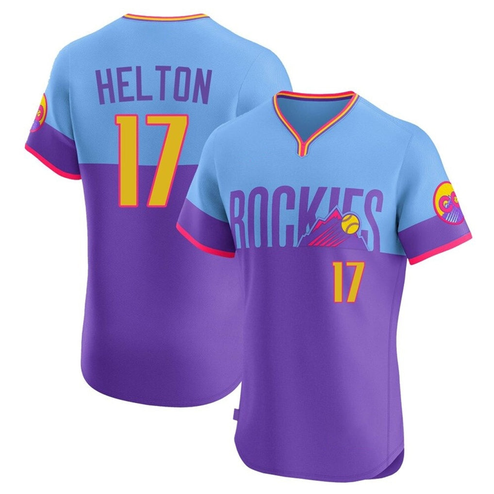 Kooe C.Rockies #17 Todd Helton Player Purple-Light Blue City Connect Limited Elite Home T-shirt Stitched Jerseys