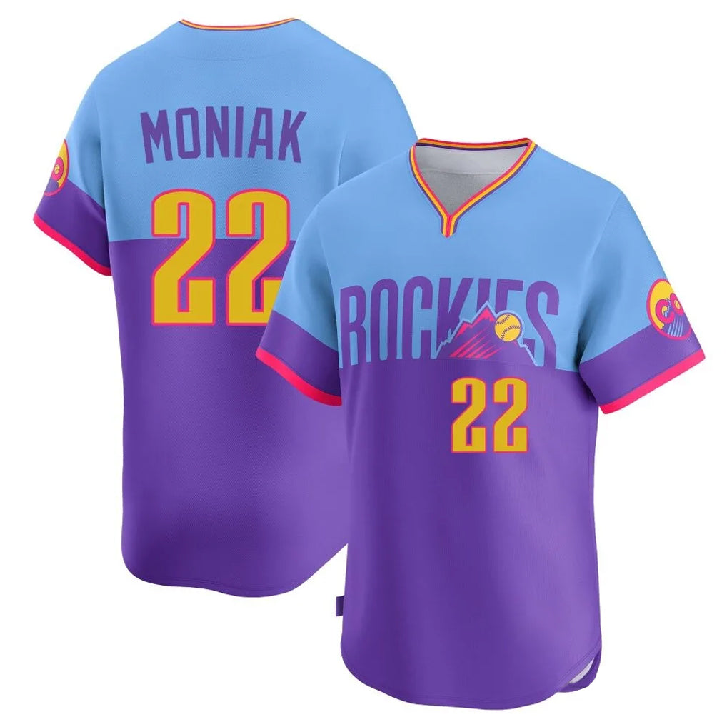 Kooe C.Rockies #22 Mickey Moniak Player Purple-Light Blue City Connect Limited Home T-shirt Stitched Jerseys