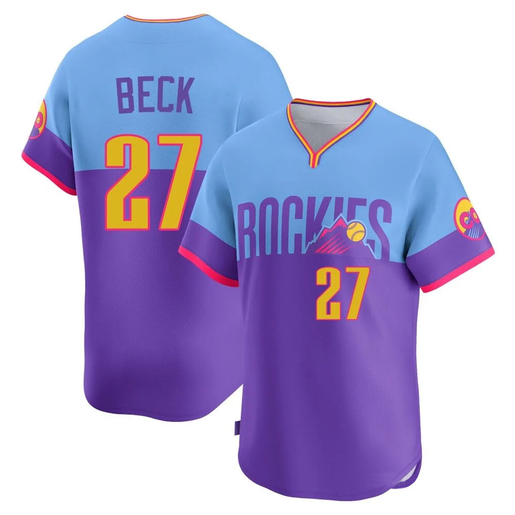 Kooe C.Rockies #27 Jordan Beck Player Purple-Light Blue City Connect Limited Home T-shirt Stitched Jerseys