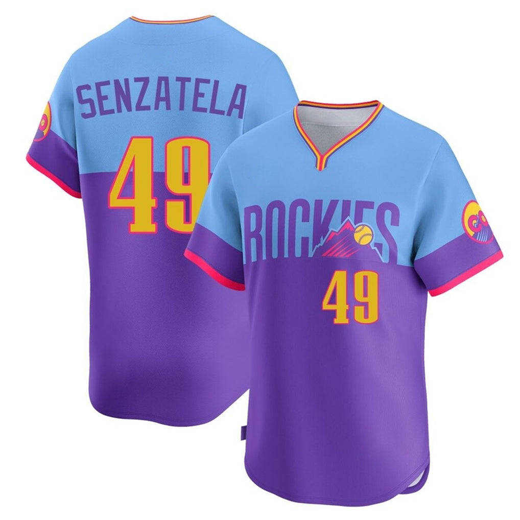 Kooe C.Rockies #49 Antonio Senzatela Player Purple-Light Blue City Connect Limited Home T-shirt Stitched Jerseys
