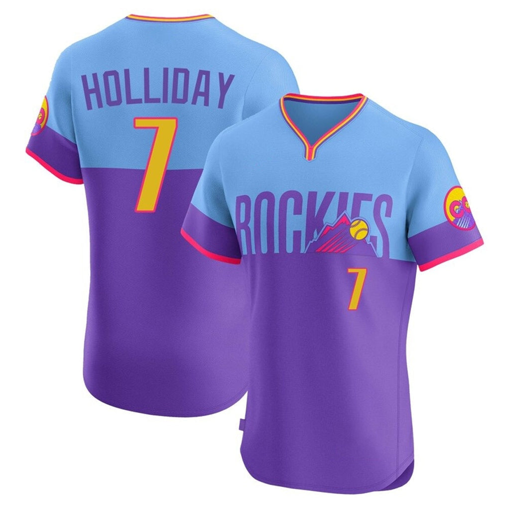 Kooe C.Rockies #7 Matt Holliday Player Purple-Light Blue City Connect Limited Elite Home T-shirt Stitched Jerseys