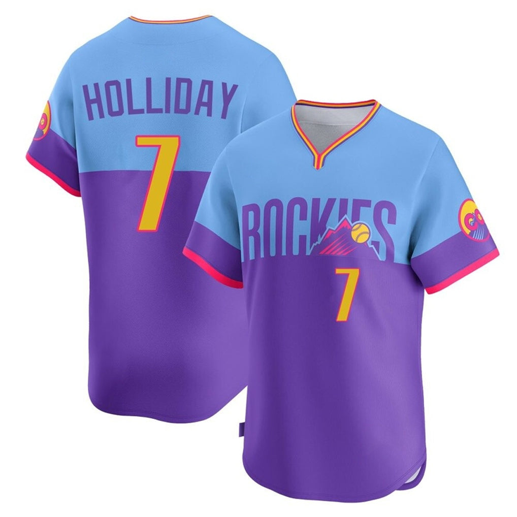 Kooe C.Rockies #7 Matt Holliday Player Purple-Light Blue City Connect Limited Home T-shirt Stitched Jerseys