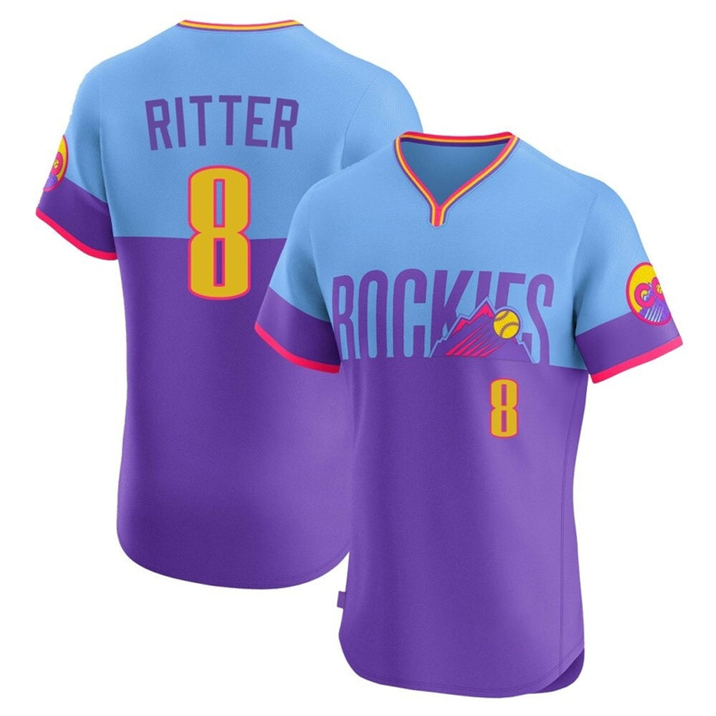 Kooe C.Rockies #8 Ryan Ritter Player Purple-Light Blue City Connect Limited Elite Home T-shirt Stitched Jerseys