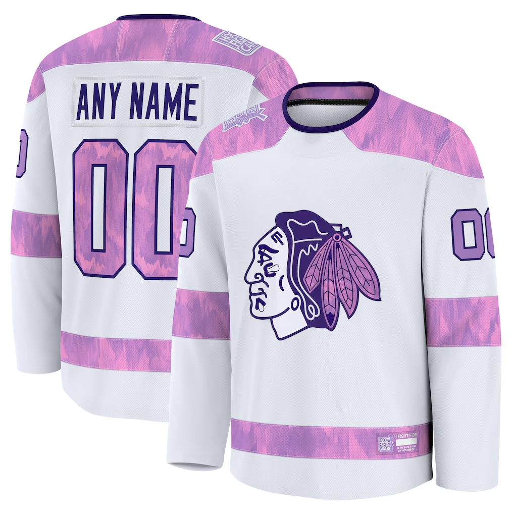 Kooe Custom C.Blackhawks White 2024 Hockey Fights Cancer Practice Jerseys