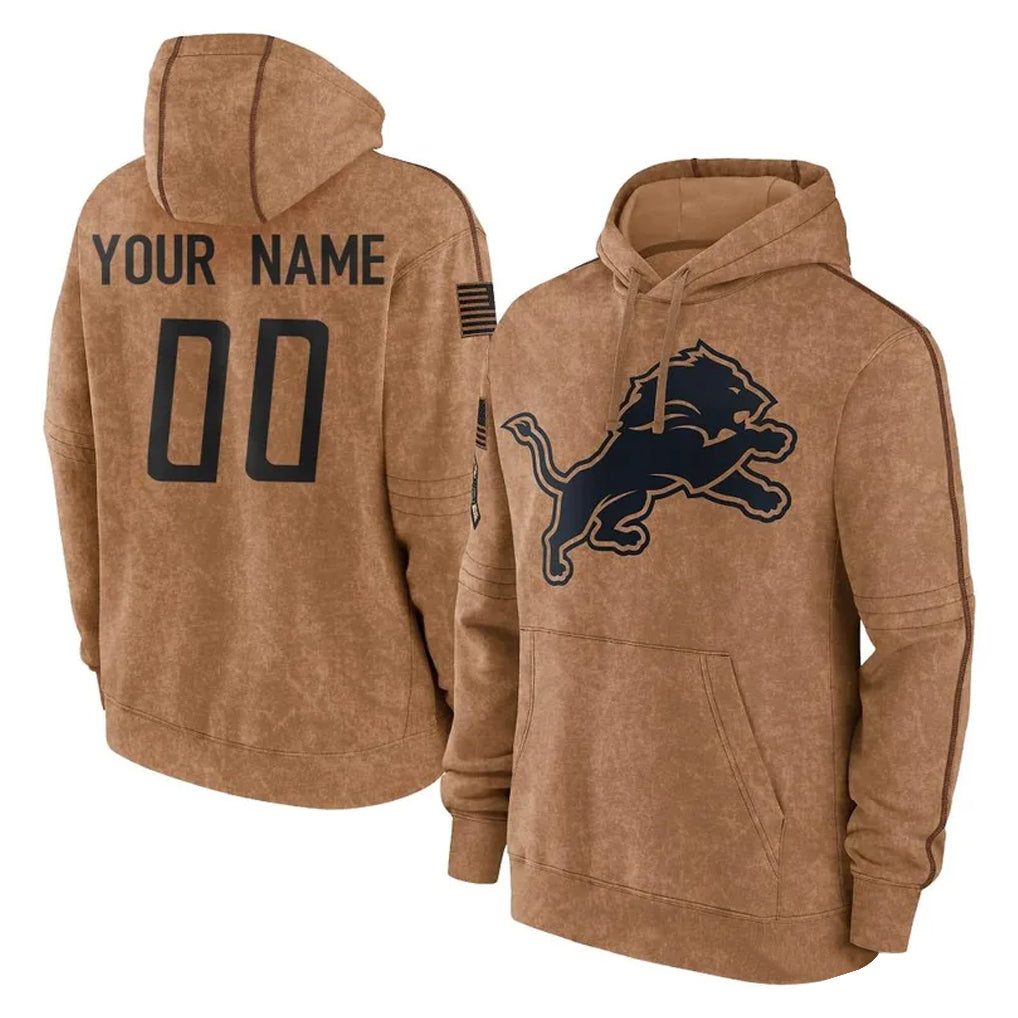 Kooe Custom D.Lions Brown Salute to Service Hoodies Limited Game Any Name & Numbers Stitched Jerseys