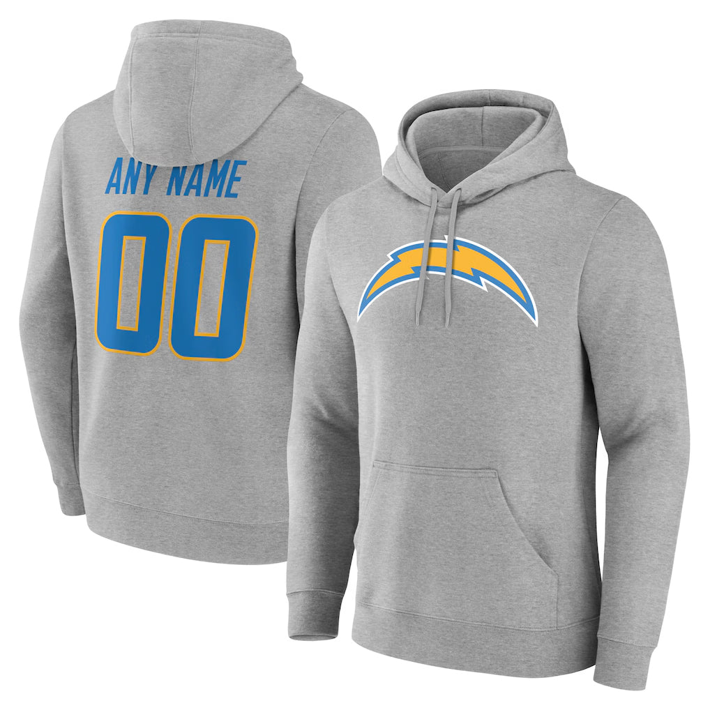Kooe Custom LA.Chargers Gray LOGO Pullover Hoodies Home Game Any Name & Numbers Stitched Jerseys
