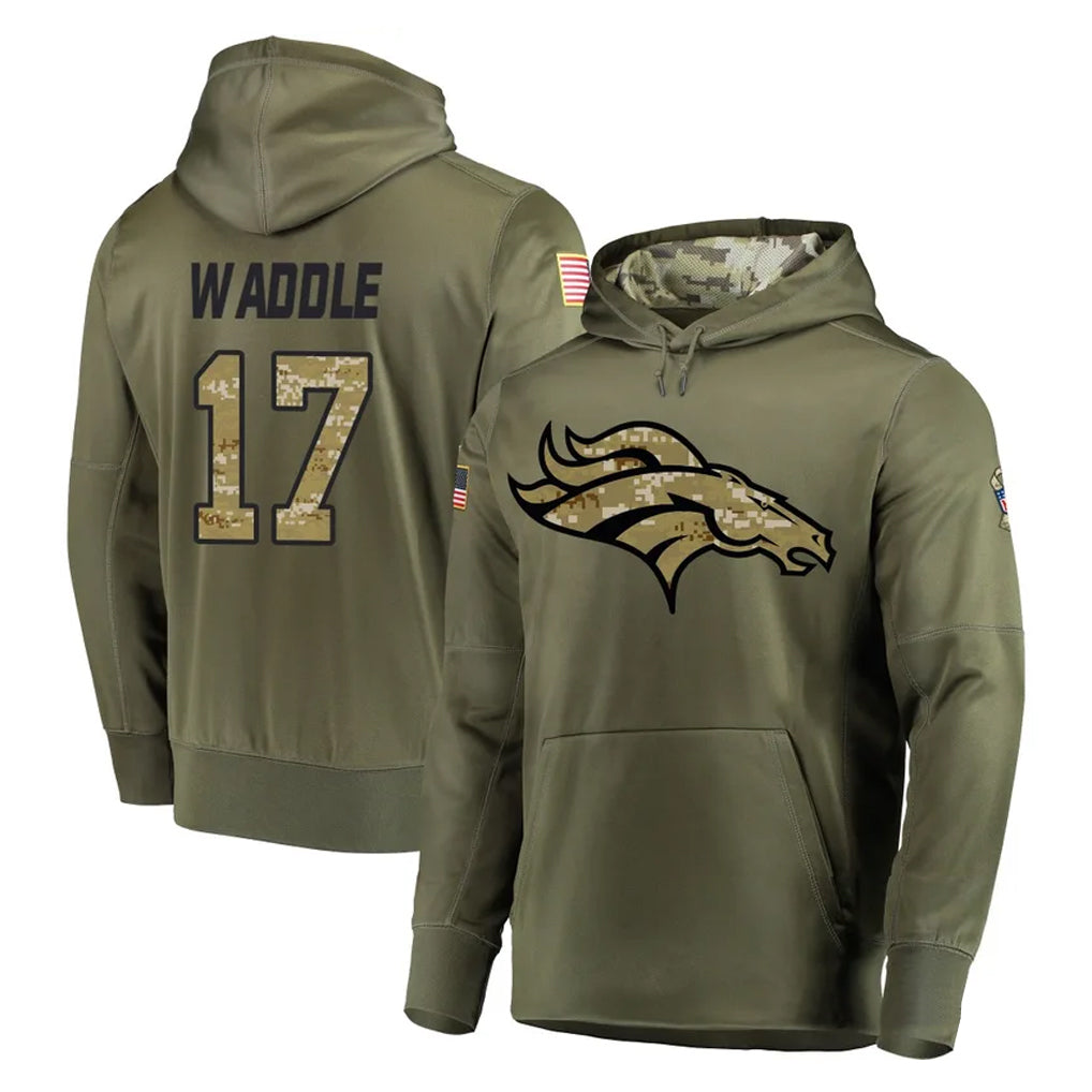 Kooe D.Broncos #17 Jaylen Waddle Player Olive Salute to Service Pullover Hoodies Home Game Stitched Jerseys