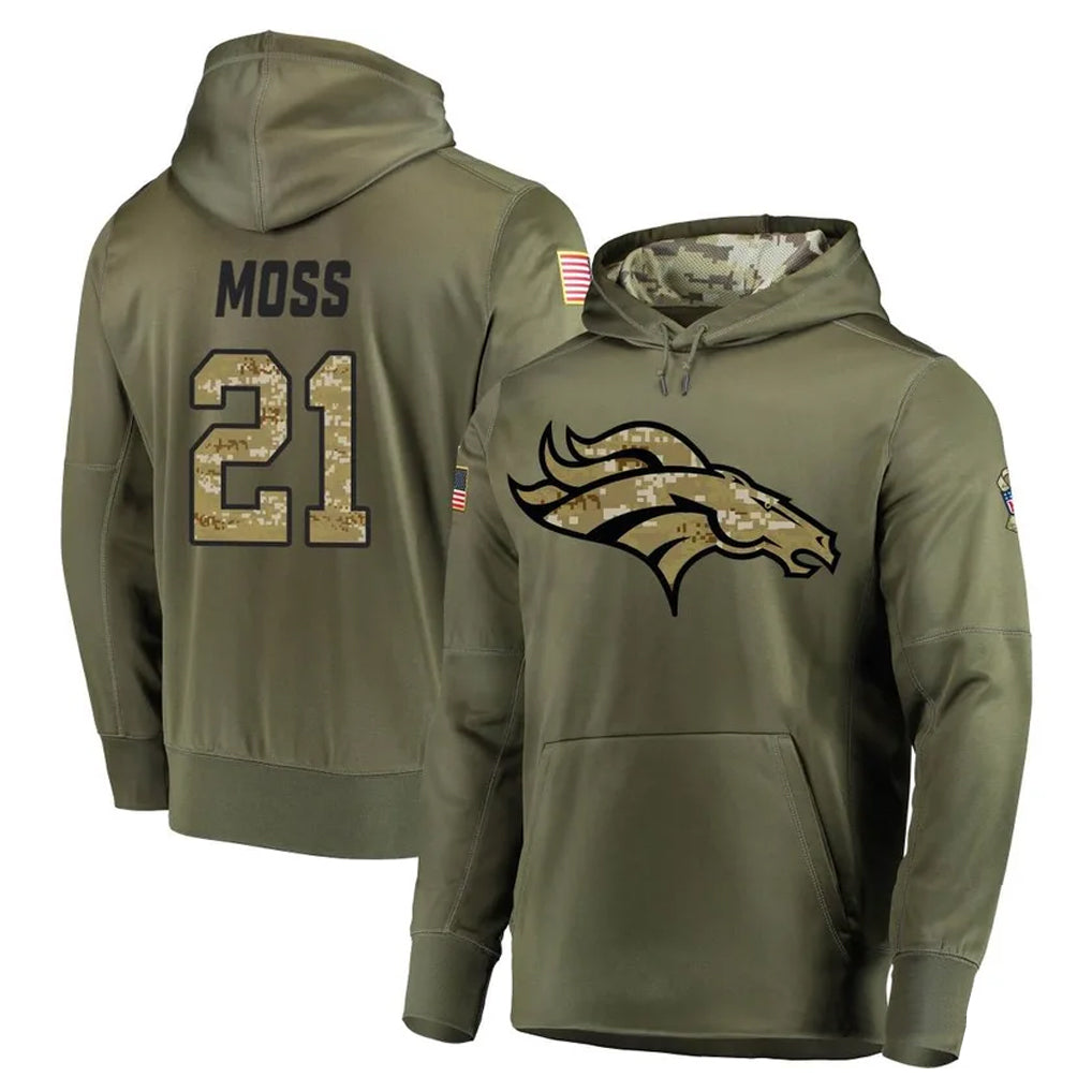 Kooe D.Broncos #21 Riley Moss Player Olive Salute to Service Pullover Hoodies Home Game Stitched Jerseys