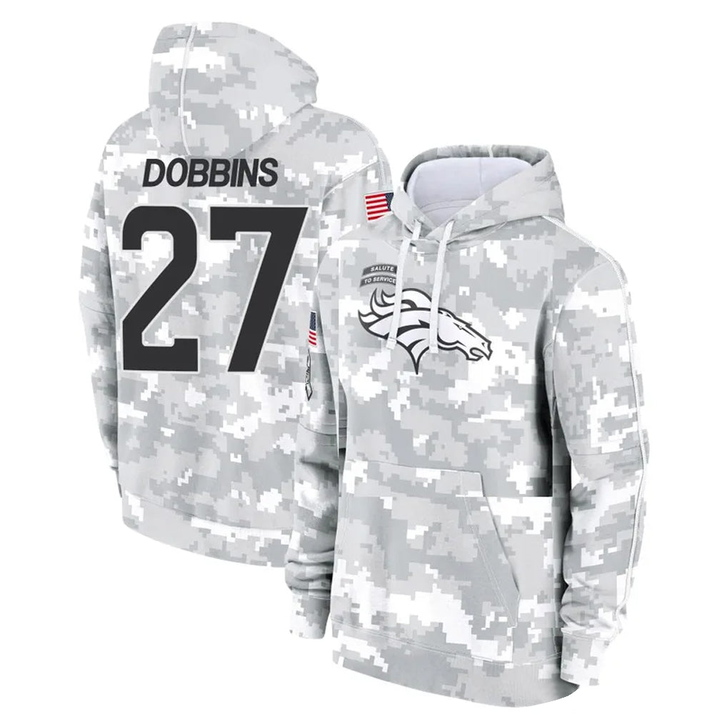 Kooe D.Broncos #27 J.K. Dobbins Player Arctic Camo Salute to Service Hoodies Limited Game Stitched Jerseys