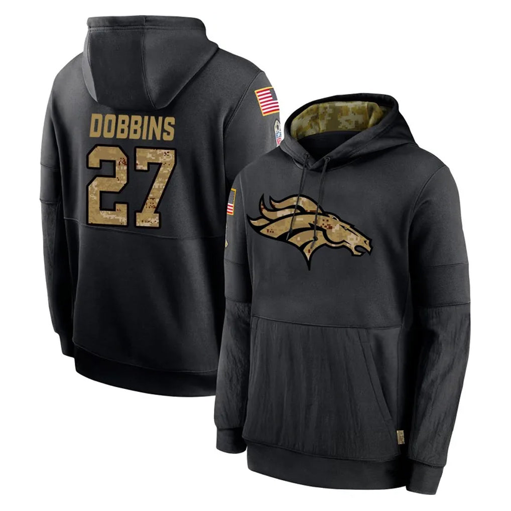 Kooe D.Broncos #27 J.K. Dobbins Player Black Salute to Service Pullover Hoodies Limited Stitched Jerseys