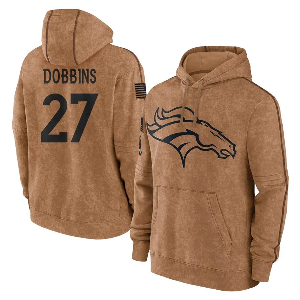 Kooe D.Broncos #27 J.K. Dobbins Player Brown Salute to Service Hoodies Limited Game Stitched Jerseys
