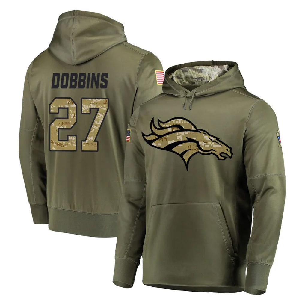 Kooe D.Broncos #27 J.K. Dobbins Player Olive Salute to Service Pullover Hoodies Home Game Stitched Jerseys