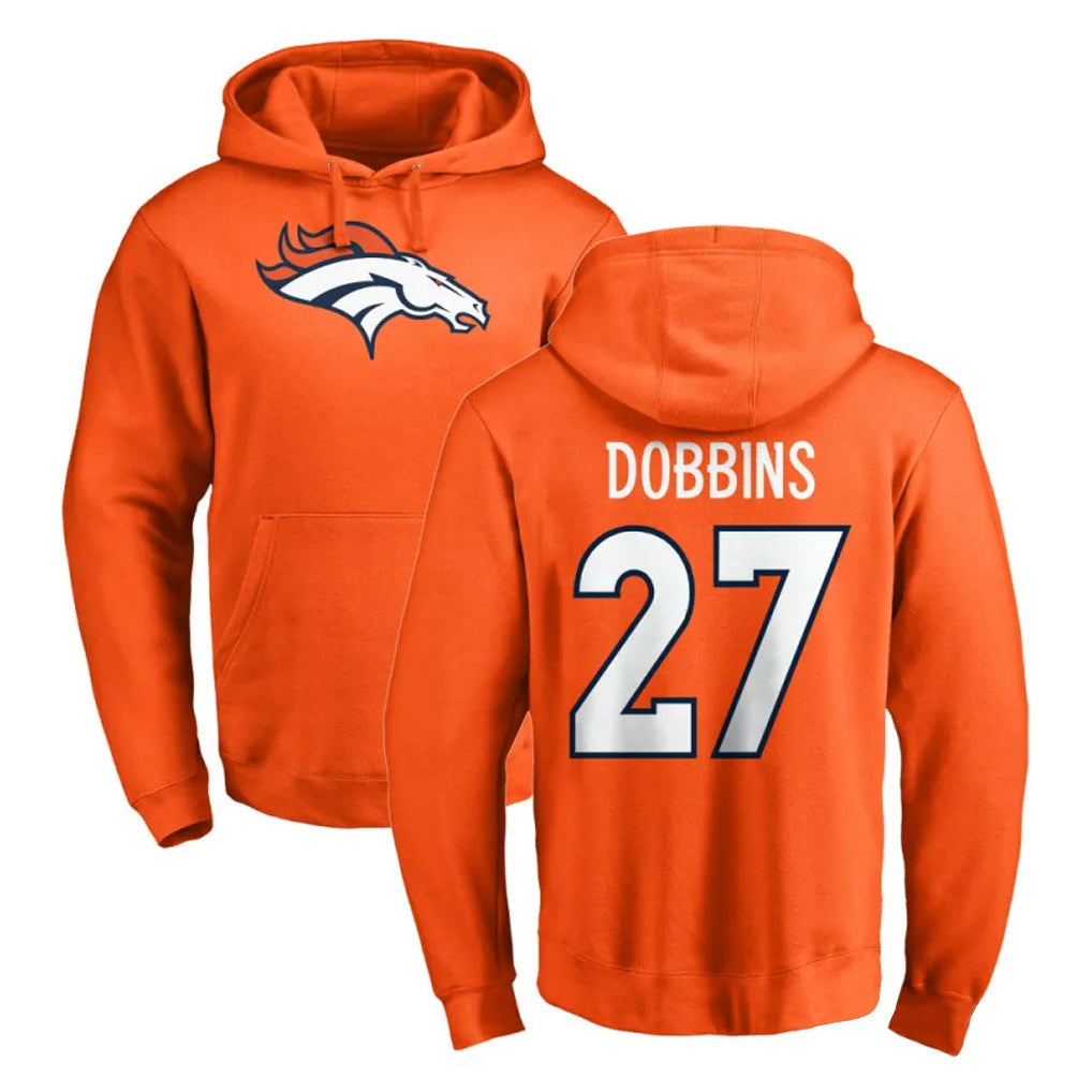 Kooe D.Broncos #27 J.K. Dobbins Player Orange Pullover Hoodie Limited Stitched Jerseys