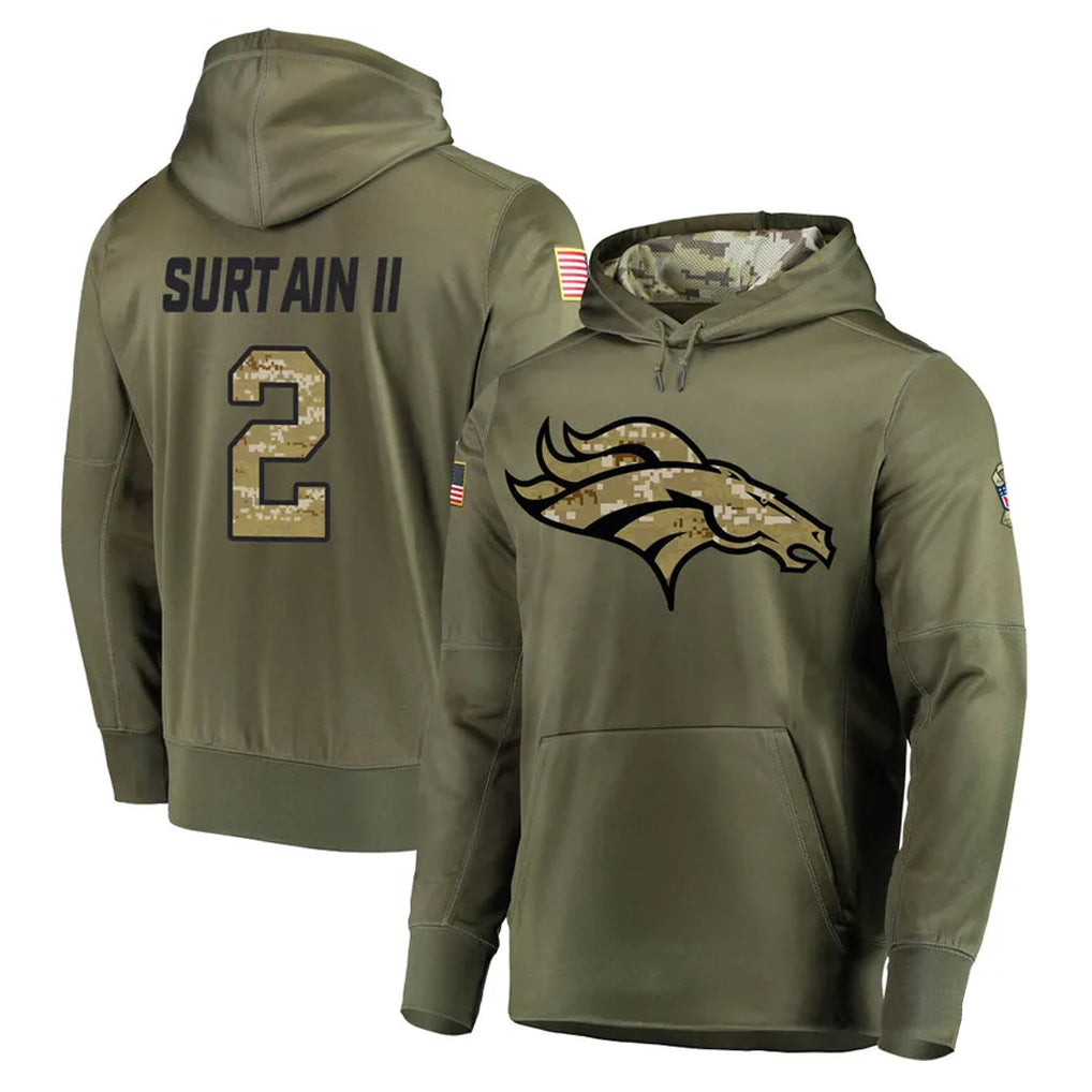 Kooe D.Broncos #2 Pat Surtain II Player Olive Salute to Service Pullover Hoodies Home Game Stitched Jerseys