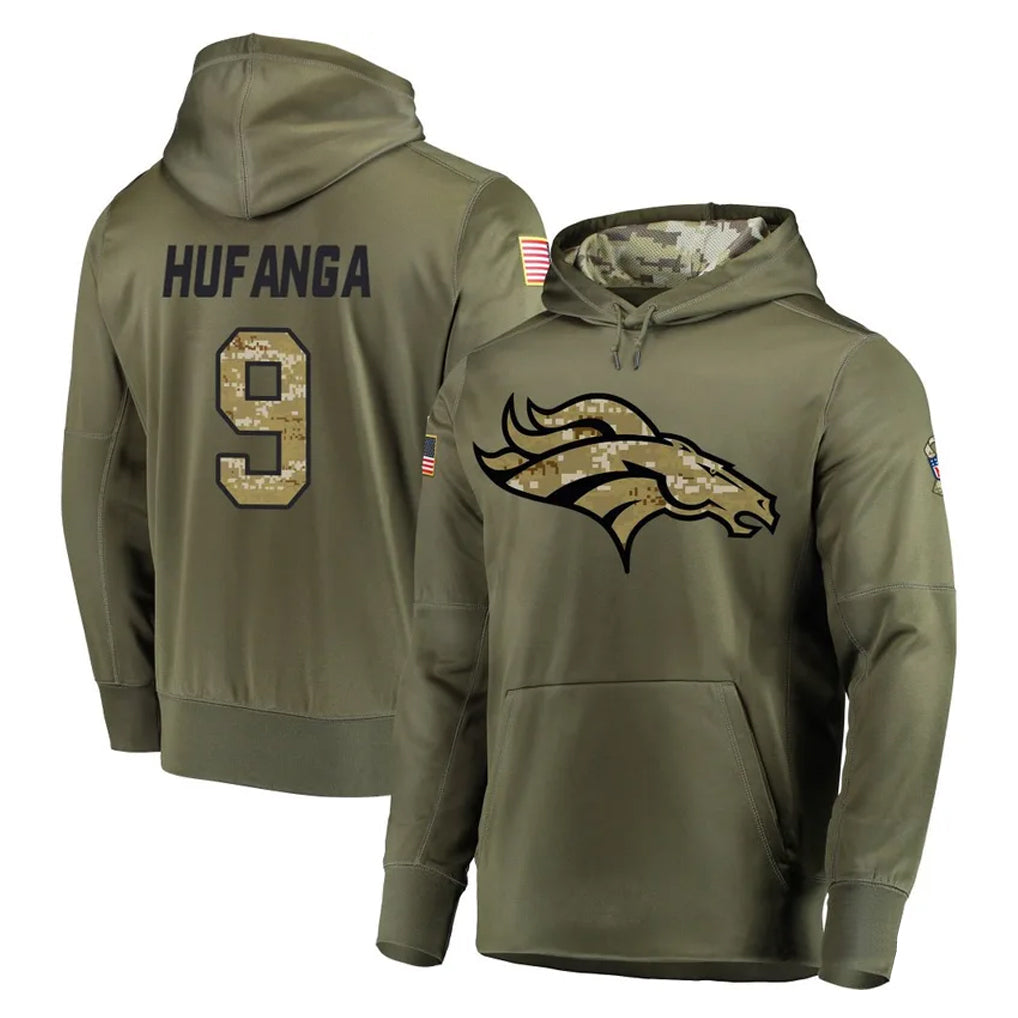 Kooe D.Broncos #9 Talanoa Hufanga Player Olive Salute to Service Pullover Hoodies Home Game Stitched Jerseys