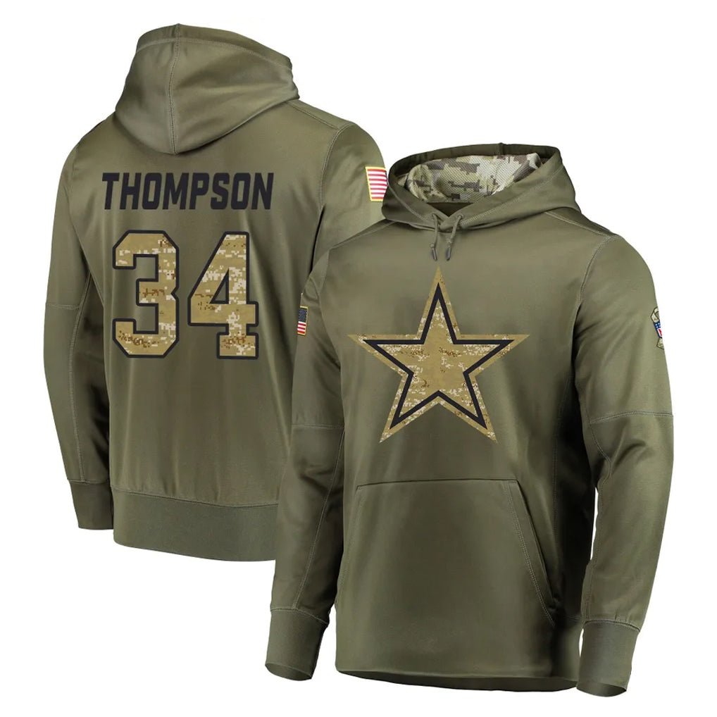 Kooe D.Cowboys #34 Jalen Thompson Player Olive Salute to Service Pullover Hoodies Home Game Stitched Jerseys