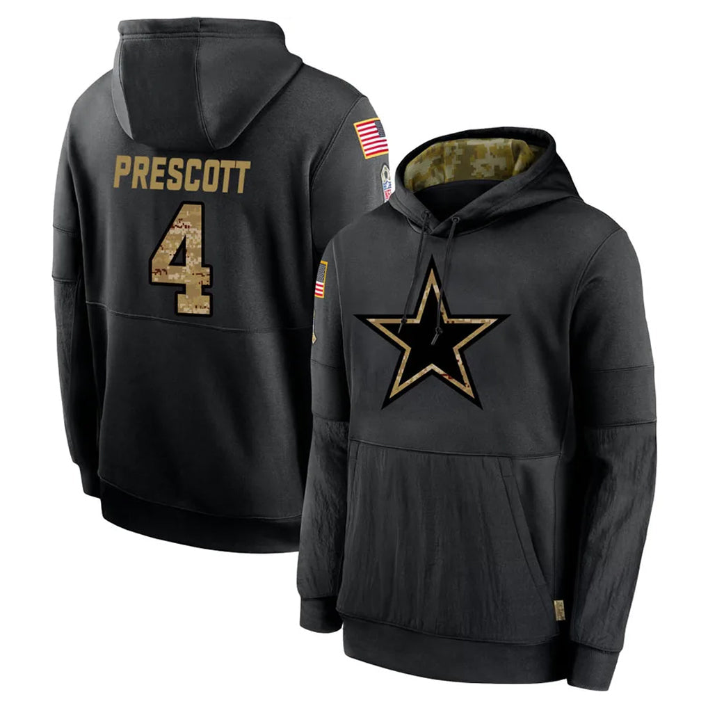 Kooe D.Cowboys #4 Dak Prescott Player Black Salute to Service Pullover Hoodies Limited Stitched Jerseys