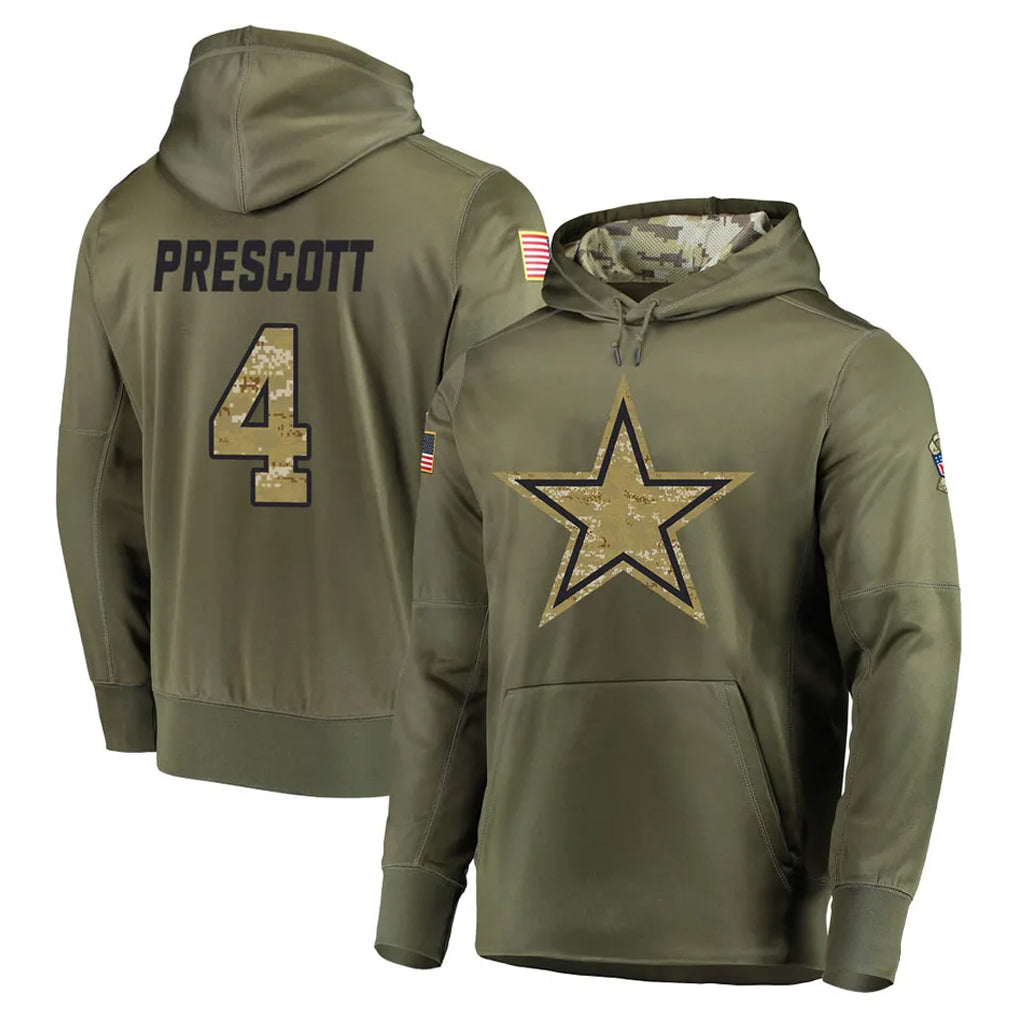 Kooe D.Cowboys #4 Dak Prescott Player Olive Salute to Service Pullover Hoodies Home Game Stitched Jerseys