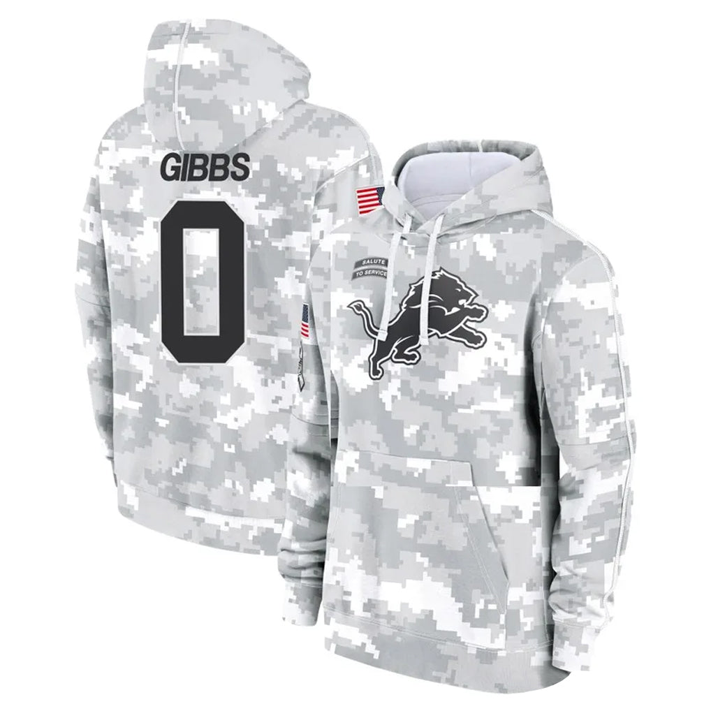 Kooe D.Lions #0 Jahmyr Gibbs Player Arctic Camo Salute to Service Hoodies Limited Game Stitched Jerseys