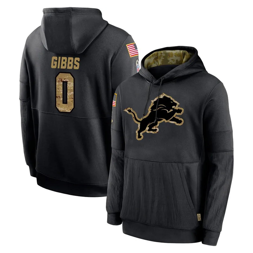 Kooe D.Lions #0 Jahmyr Gibbs Player Black Salute to Service Hoodies Limited Game Stitched Jerseys