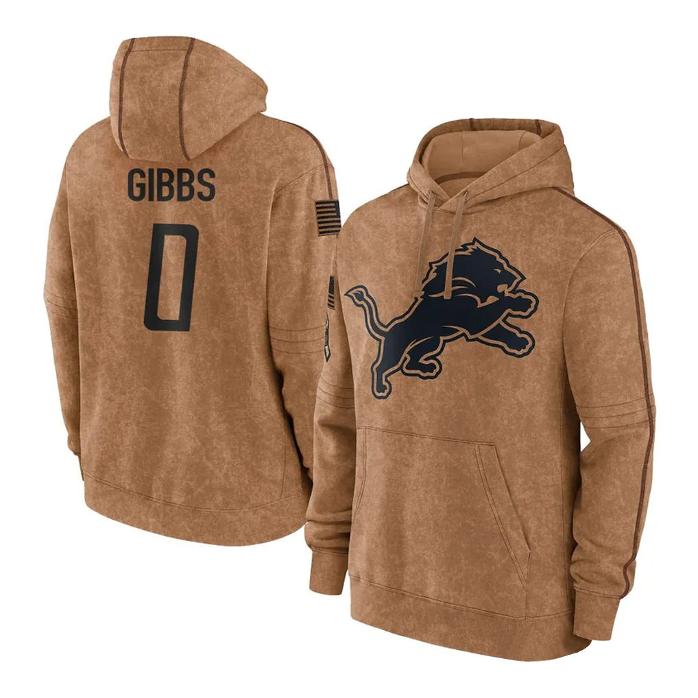 Kooe D.Lions #0 Jahmyr Gibbs Player Brown Salute to Service Hoodies Limited Game Stitched Jerseys