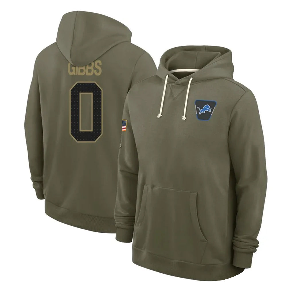 Kooe D.Lions #0 Jahmyr Gibbs Player Olive Salute to Service Pullover Hoodies Limited Stitched Jerseys