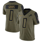 Kooe D.Lions #0 Jahmyr Gibbs Player Salute To Service Olive Stitched Jerseys