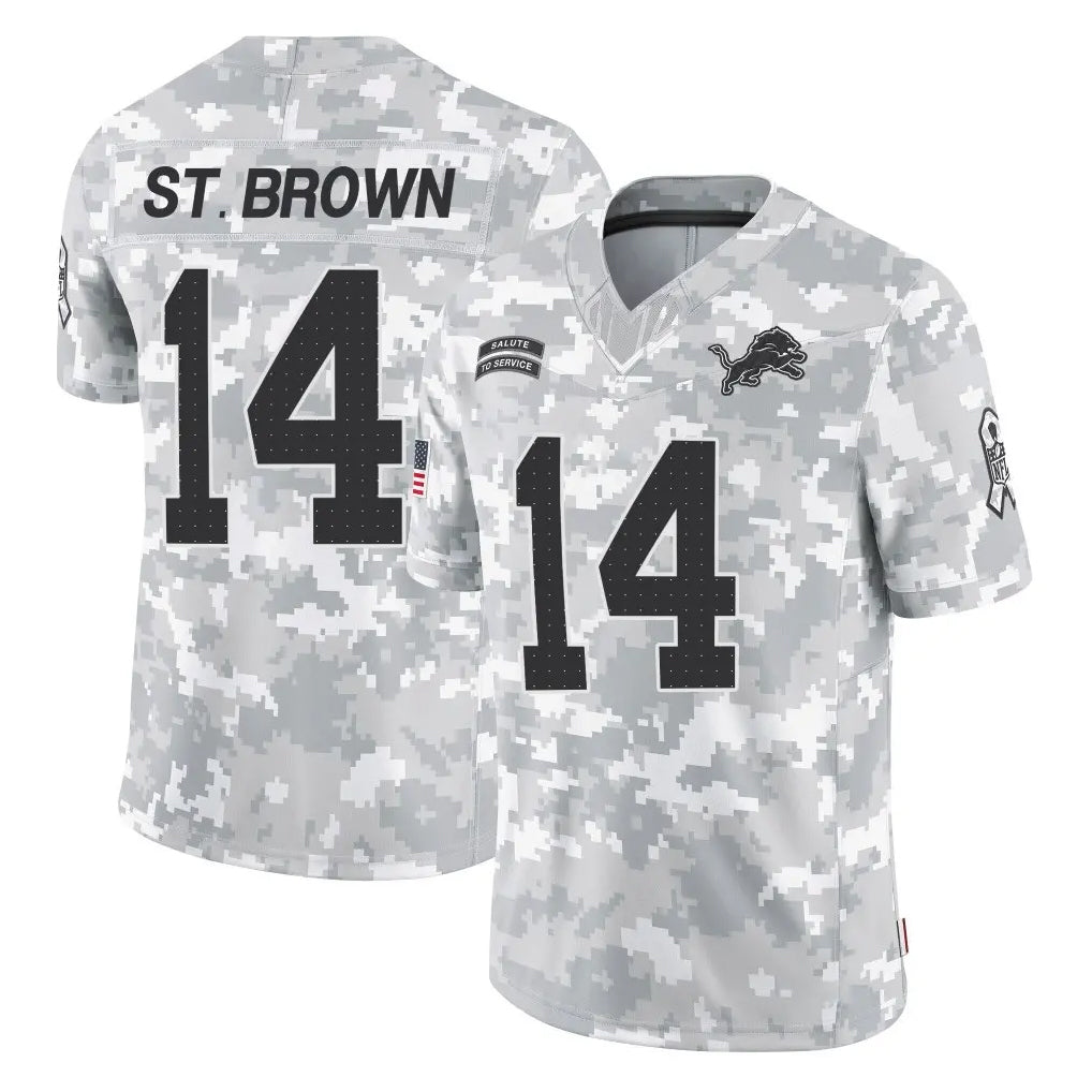 Kooe D.Lions #14 Amon-Ra St. Brown Player Arctic Camo Salute To Service Limited Stitched Jerseys
