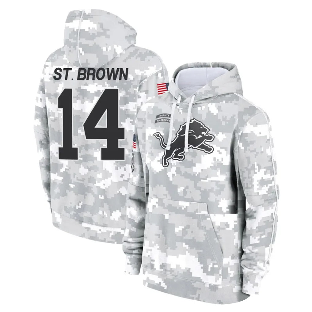 Kooe D.Lions #14 Amon-Ra St. Brown Player Arctic Camo Salute to Service Hoodies Limited Game Stitched Jerseys