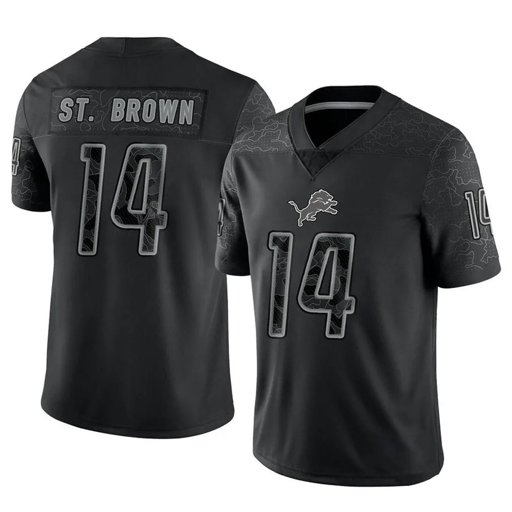Kooe D.Lions #14 Amon-Ra St. Brown Player Black REFLECTIVE Limited Stitched Jerseys