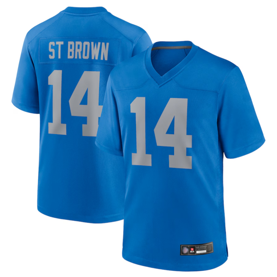 Kooe D.Lions #14 Amon-Ra St. Brown Player Blue Game Replica Stitched Jerseys