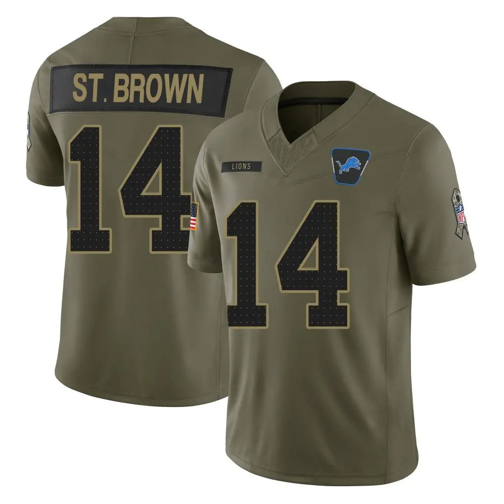 Kooe D.Lions #14 Amon-Ra St. Brown Player Olive 2025 Salute To Service Limited Home Game Stitched Jerseys