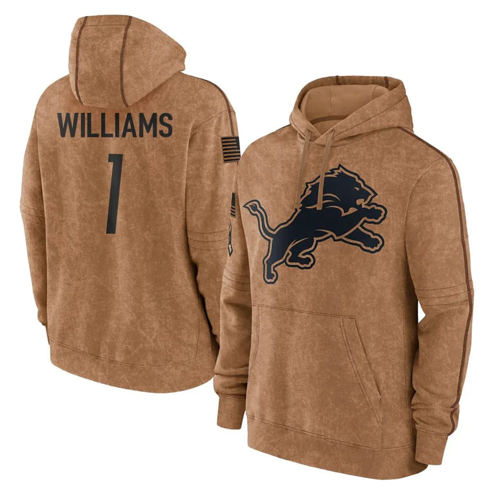 Kooe D.Lions #1 Jameson Williams Player Brown Salute to Service Hoodies Limited Game Stitched Jerseys