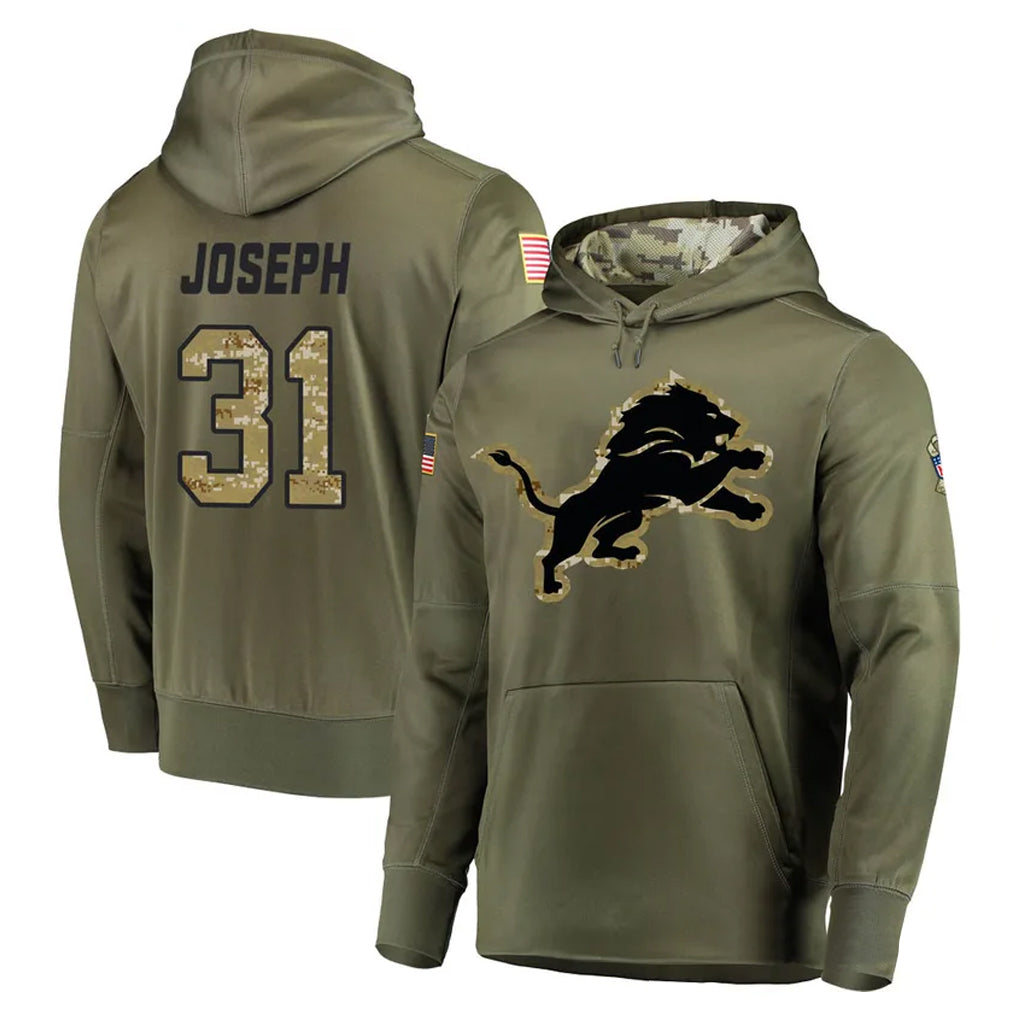 Kooe D.Lions #31 Kerby Joseph Player Olive Salute to Service Pullover Hoodies Home Game Stitched Jerseys