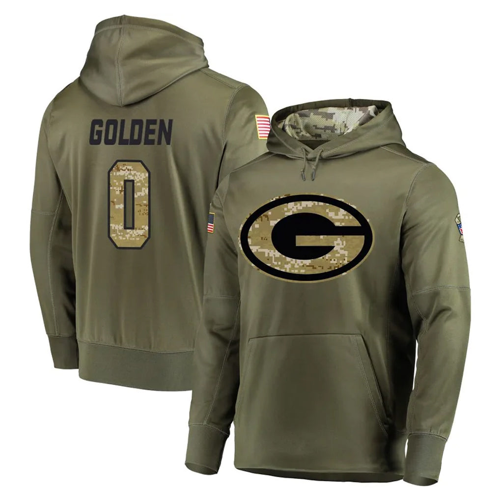 Kooe GB.Packers #0 Matthew Golden Player Olive Salute to Service Pullover Hoodies Home Game Stitched Jerseys