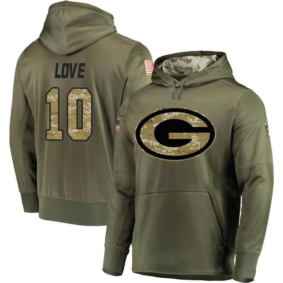 Kooe GB.Packers #10 Jordan Love Player Olive Salute to Service Pullover Hoodie Game Stitched Jerseys