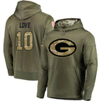 Kooe GB.Packers #10 Jordan Love Player Olive Salute to Service Pullover Hoodie Game Stitched Jerseys