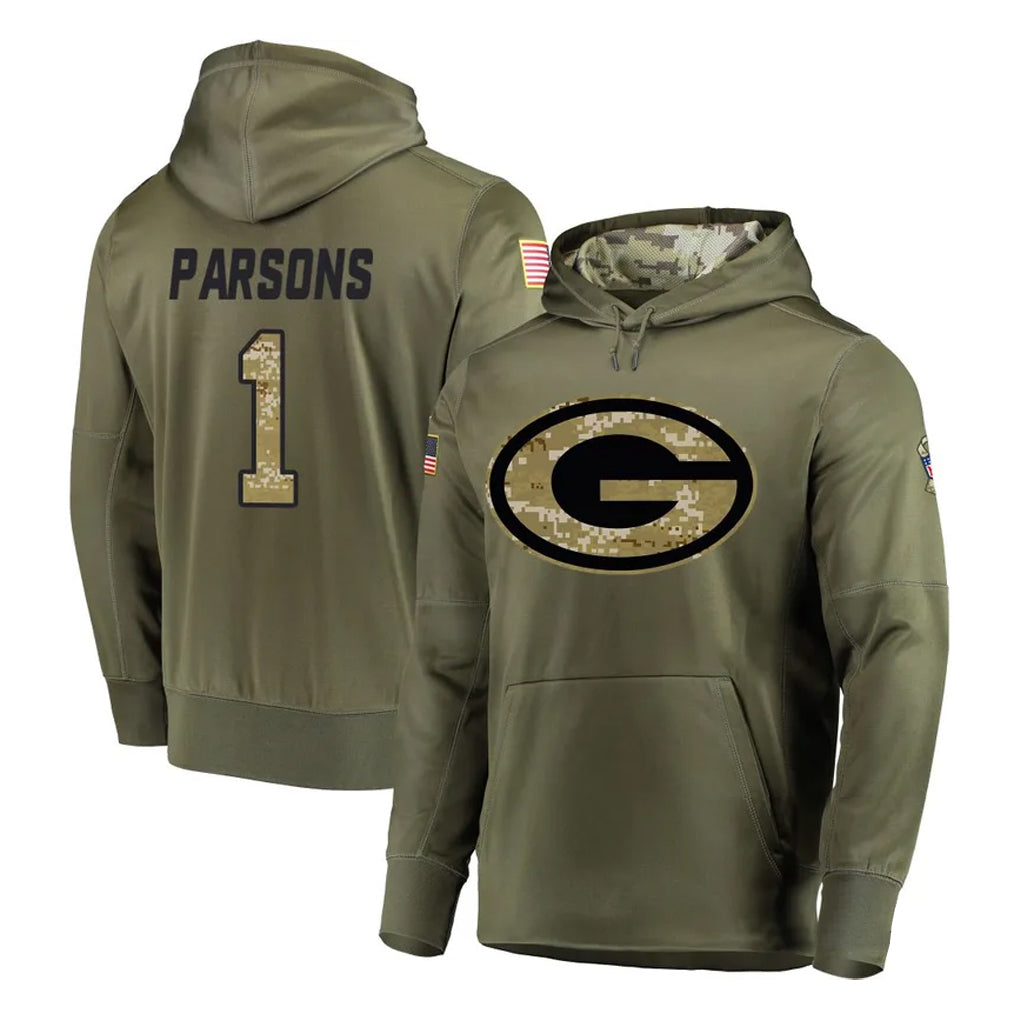 Kooe GB.Packers #1 Micah Parsons Player Olive Salute to Service Pullover Hoodies Home Game Stitched Jerseys