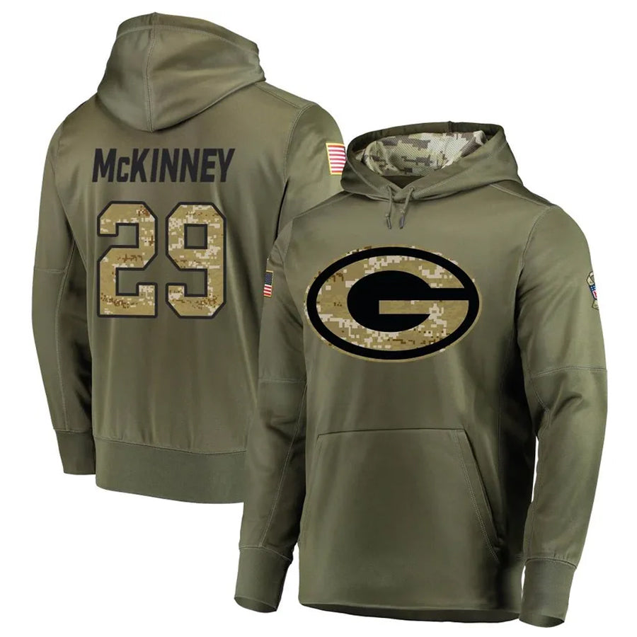 Kooe GB.Packers #29 Xavier McKinney Player Olive Salute to Service Pullover Hoodie Game Stitched Jerseys