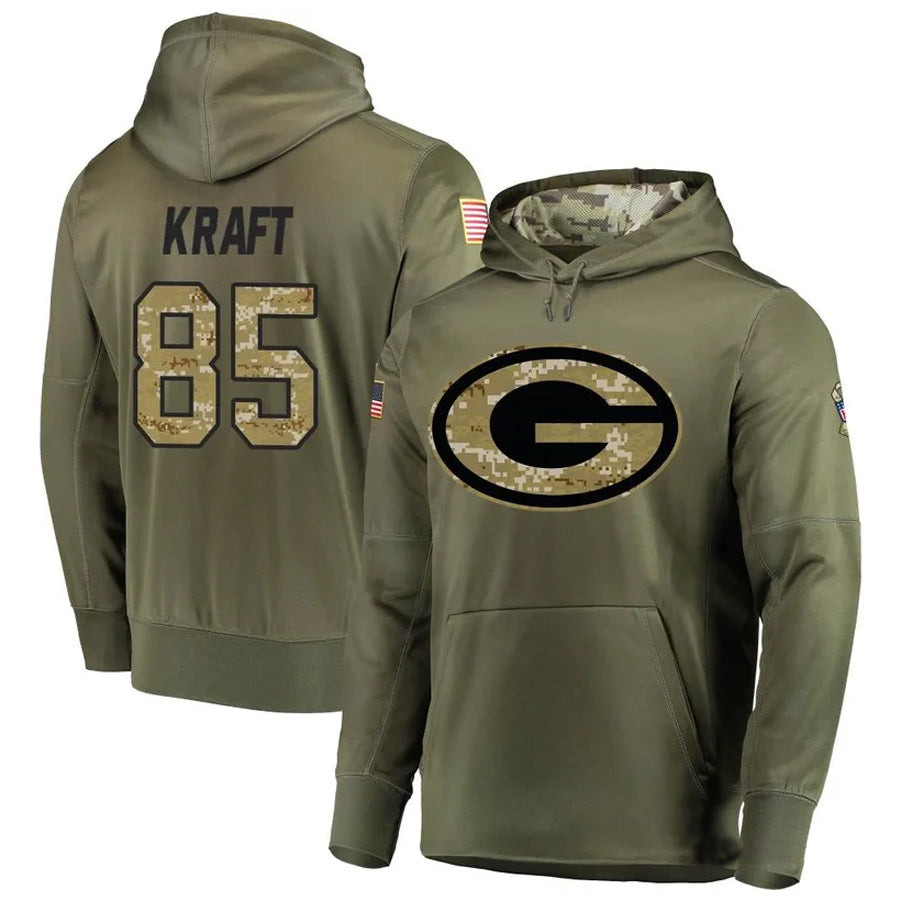 Kooe GB.Packers #85 Tucker Kraft Player Olive Salute to Service Pullover Hoodie Game Stitched Jerseys