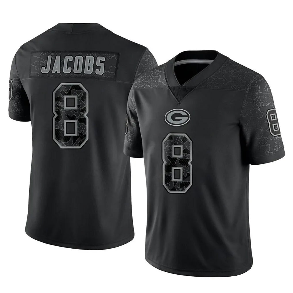 Kooe GB.Packers #8 Josh Jacobs Player Black Reflective Limited Home Game Stitched Jerseys