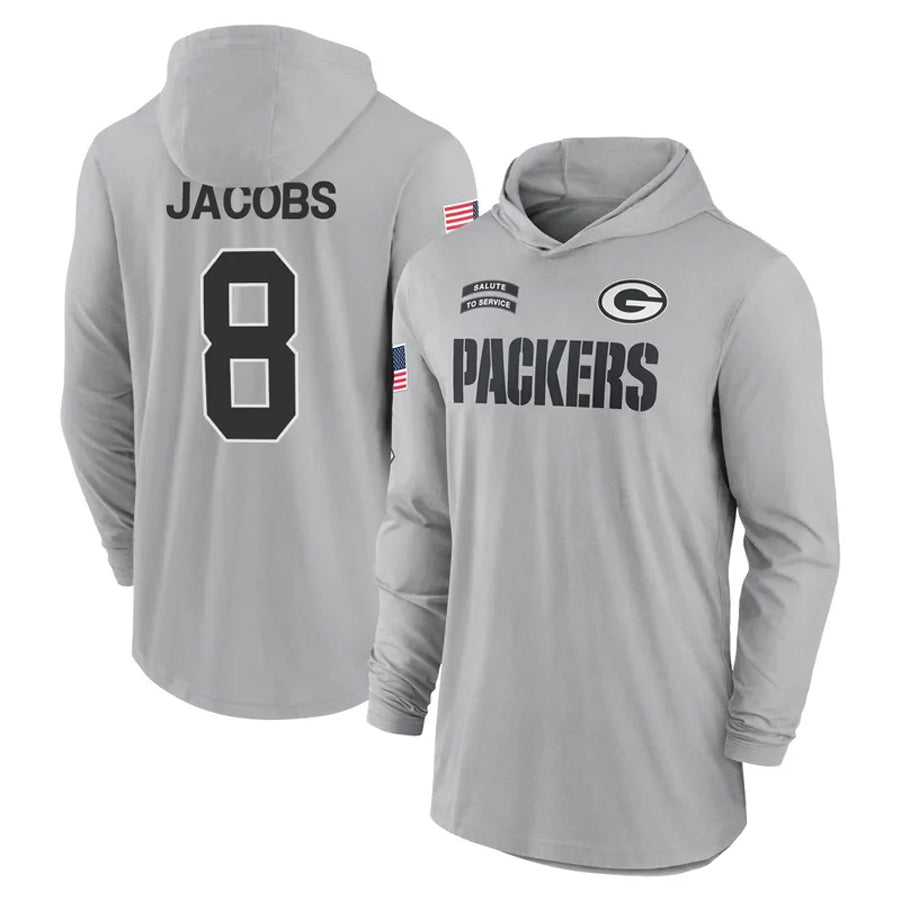 Kooe GB.Packers #8 Josh Jacobs Player Gray Salute to Service Hoodies Game Stitched Jerseys