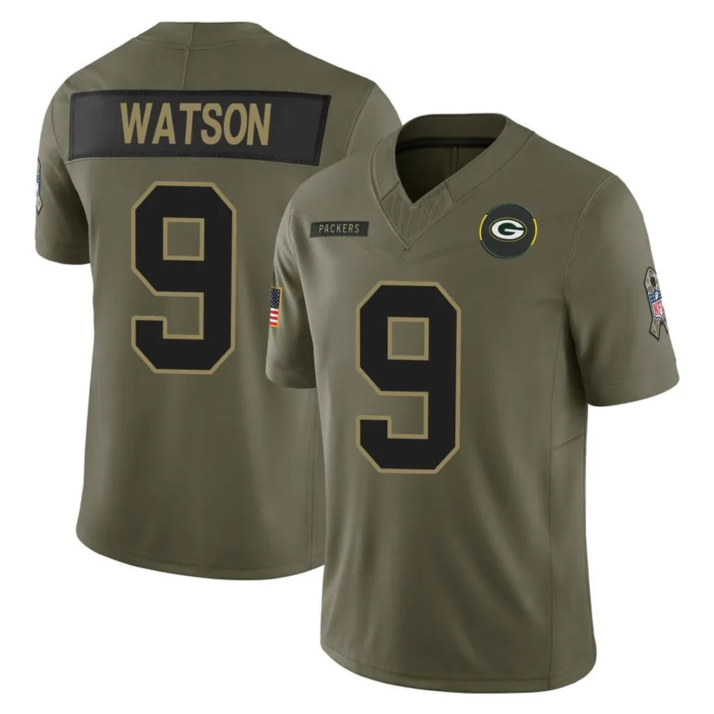 Kooe GB.Packers #9 Christian Watson Player Olive 2025 Salute To Service Limited Home Game Stitched Jerseys