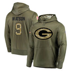 Kooe GB.Packers #9 Christian Watson Player Olive Salute to Service Pullover Hoodies Home Game Stitched Jerseys