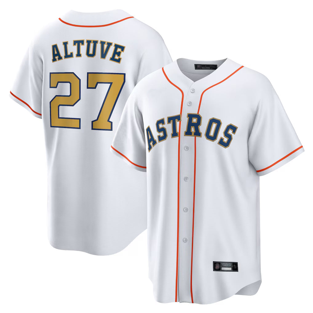Kooe H.Astros #27 Jose Altuve Player White Gold Collection Game Home Stitched Jerseys
