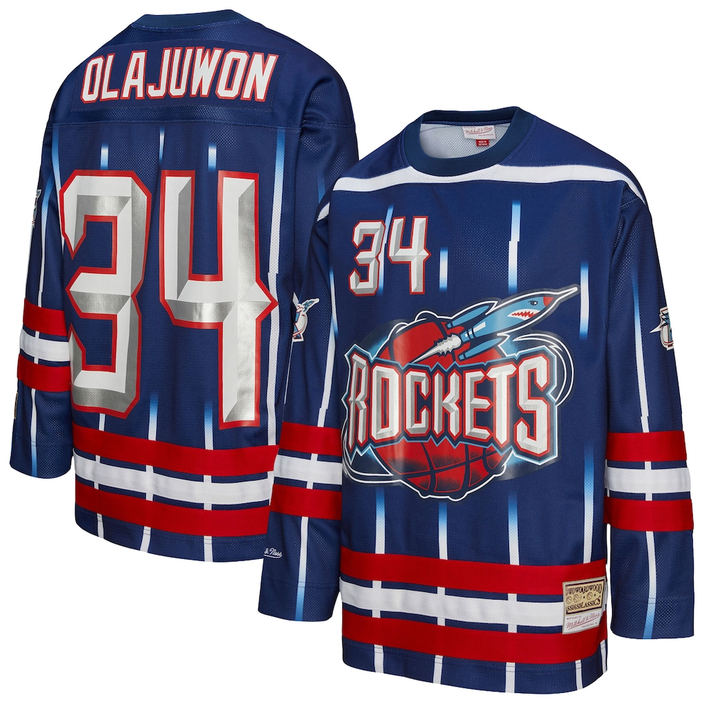 Kooe H.Rockets #34 Hakeem Olajuwon Mitchell & Ness Navy Maxxed Out Fashion Hockey Stitched Jerseys
